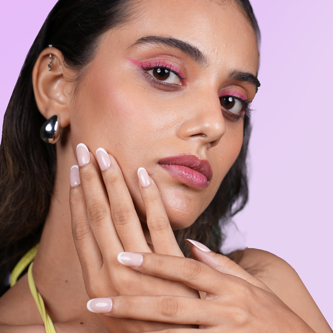 Freshly Baked nude press on nails elegant French tip design for salon-quality manicure at home.