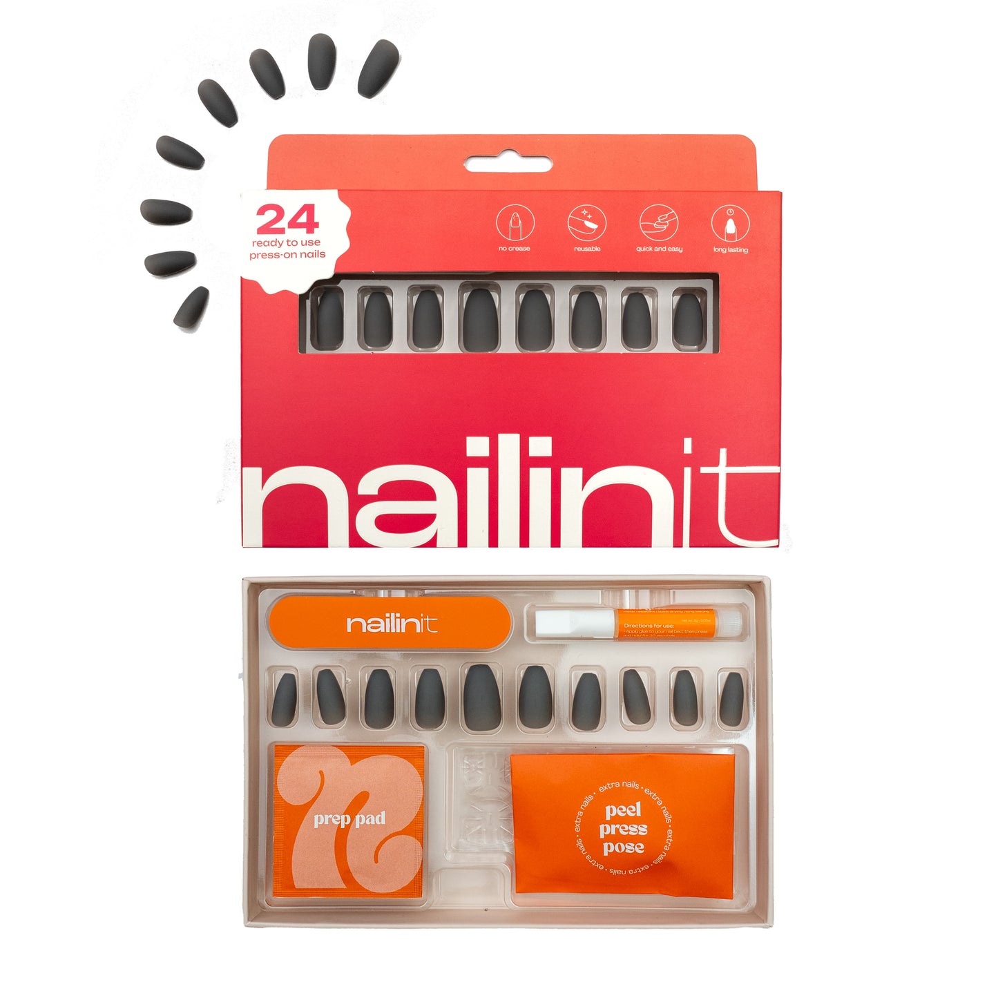 Ash Grey | Reusable Press-On Nails | 24 pcs | Grey | Coffin Shape | Medium