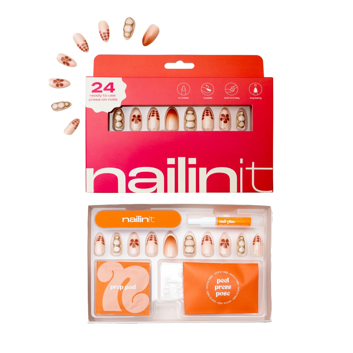 Gold Drip | Press-On Nails | 24 pcs | Almond Shape | Long | Reusable Design