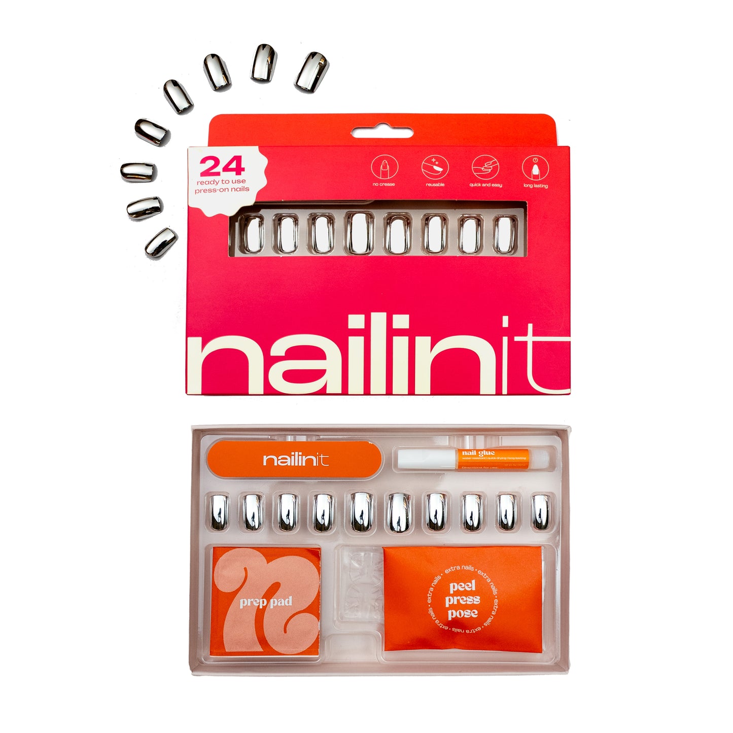 Happy Hour | Reusable Press-On Nails | 24 pcs | Silver | Square Nails | Medium