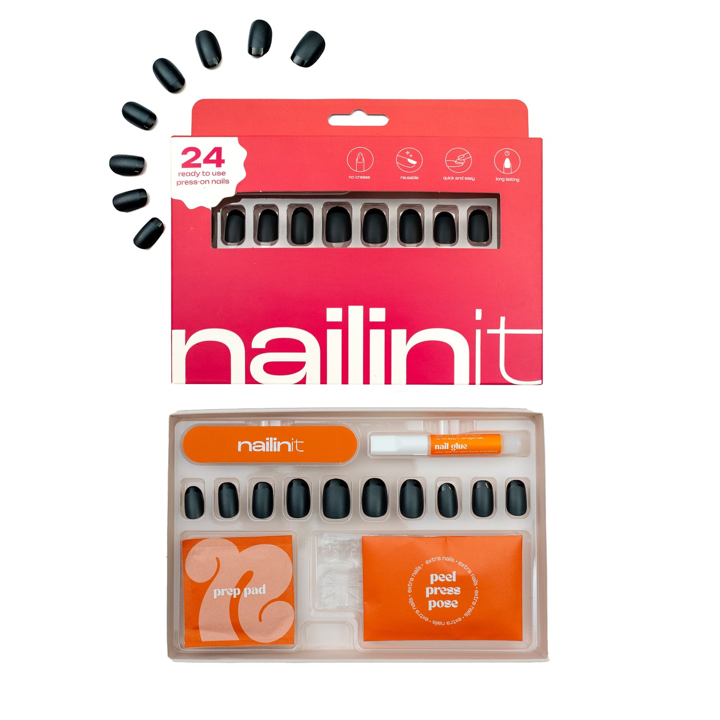 Sorry What | Reusable Press-On Nails | 24 pcs | Black | Squoval Shape | Medium