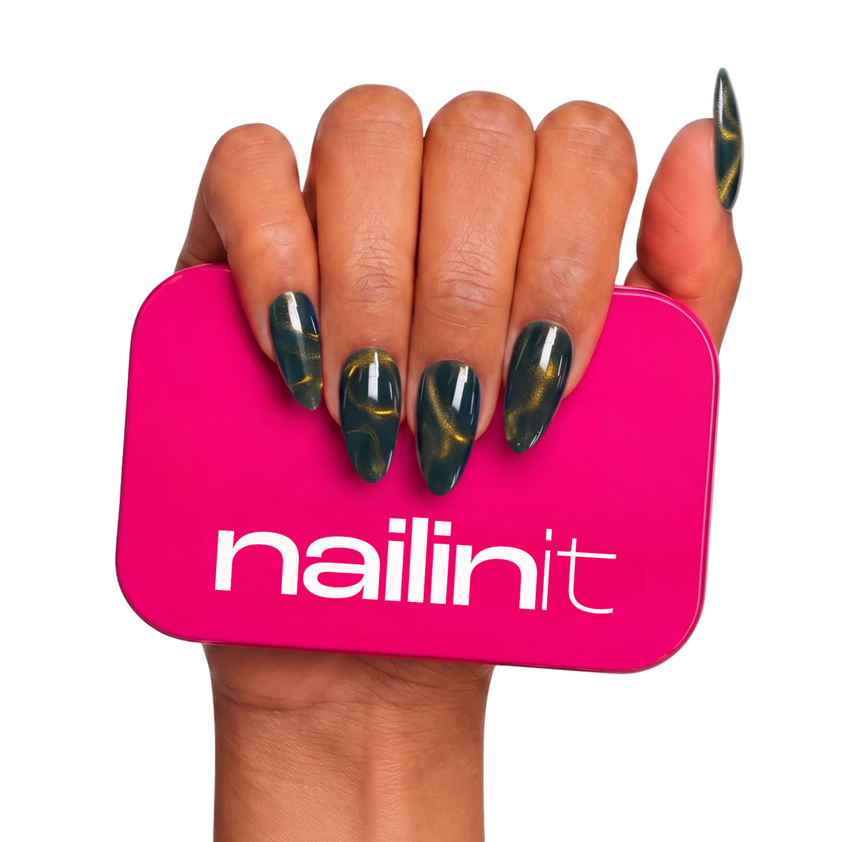 Cutie Pine | Reusable Press-On Nails | 24 Pcs | Emerald Green Cat Eye | Almond Shape | Medium
