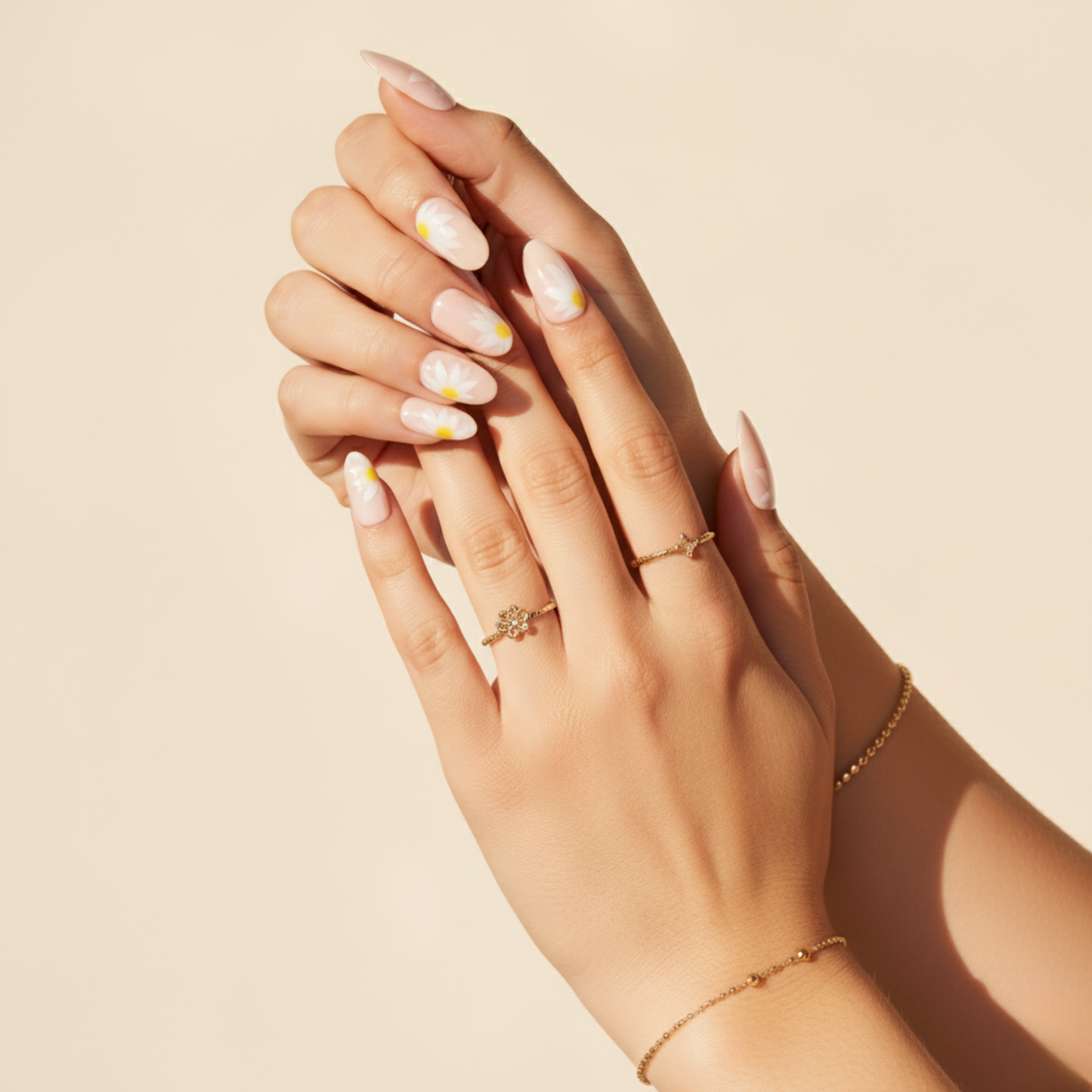 Daisy | Reusable Pink Oval Nails with White Daisy Design | 24 Pcs | Long Length