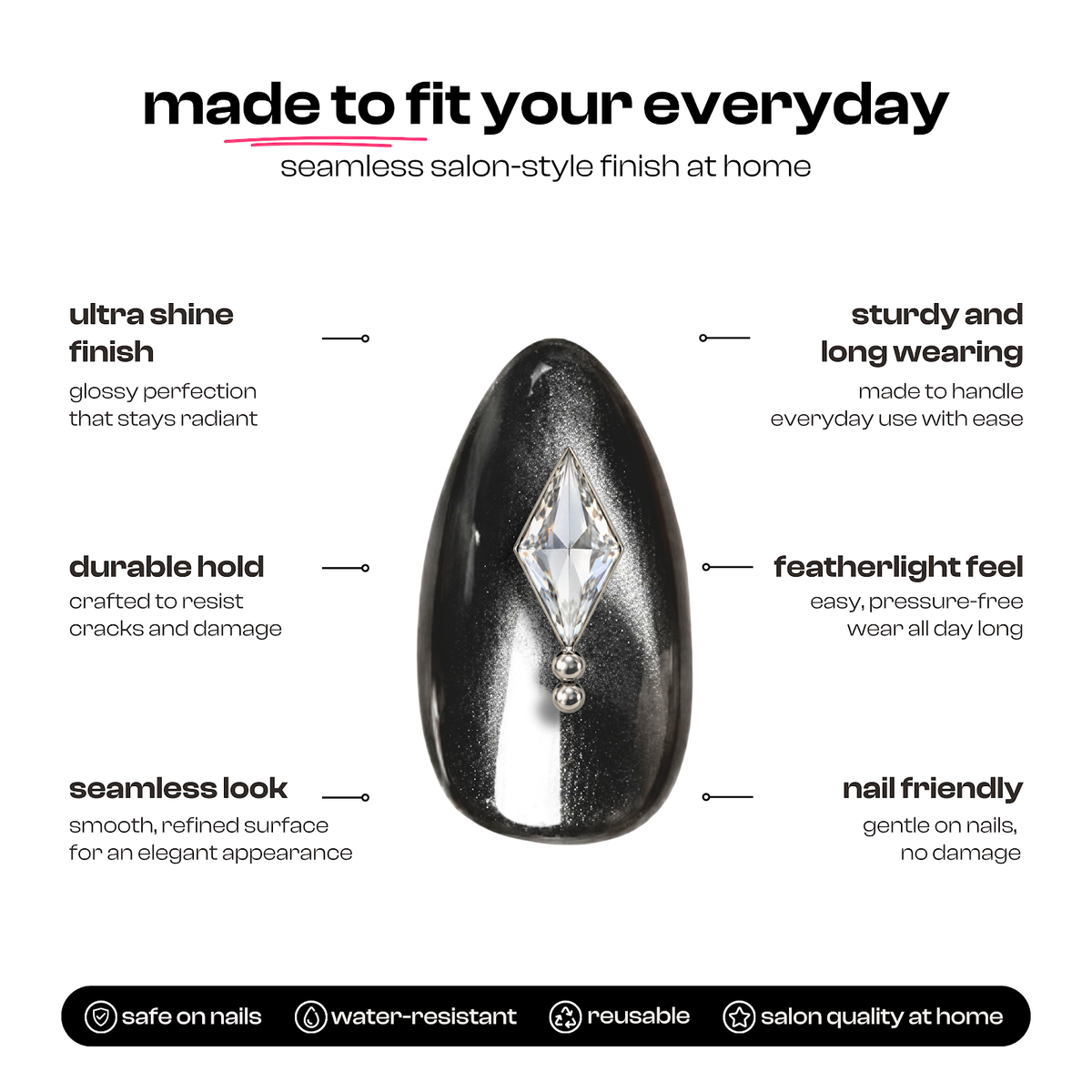 Black Onyx | Reusable Press-On Nails | 24 Pcs | Black with Rhinestone | Oval Shape | Medium