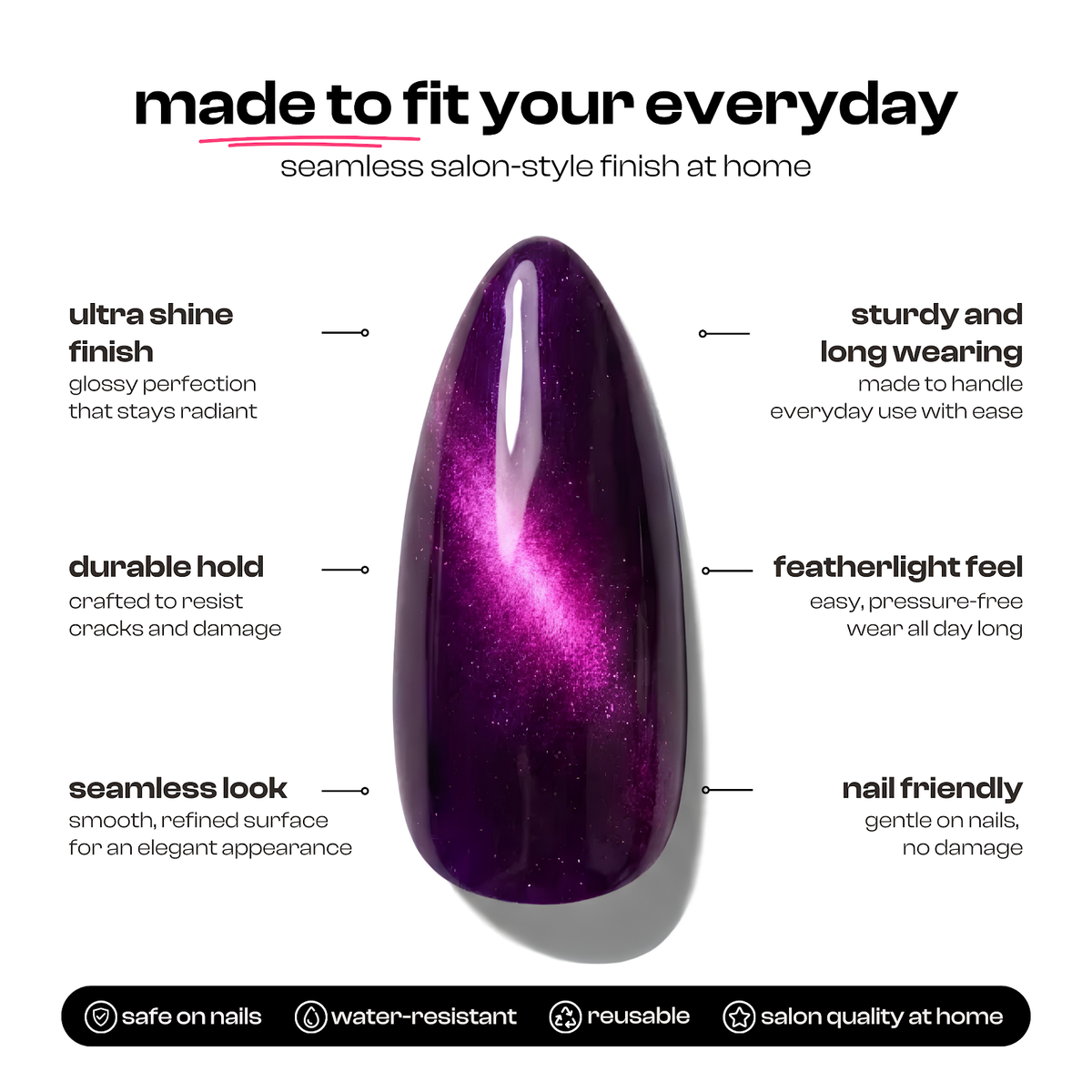 Purple Haze | Reusable Press-On Nails | 24 Pcs | Purple Cat Eye | Almond Shape | Medium