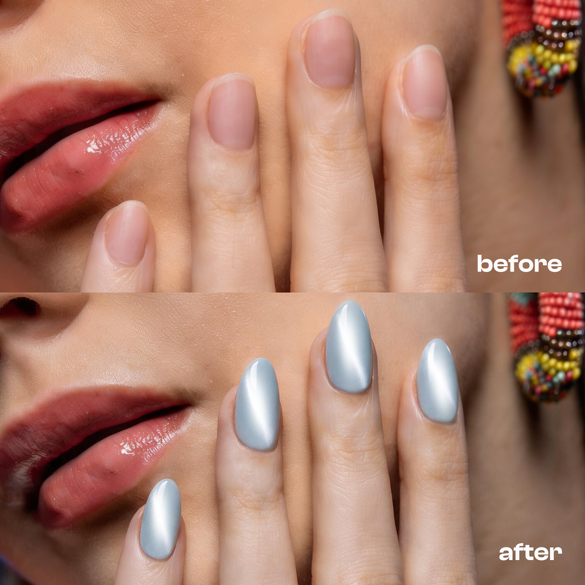 Blue Lagoon | Reusable Press-On Nails | 24 Pcs | Moonstone Cat Eye | Almond Shape | Short