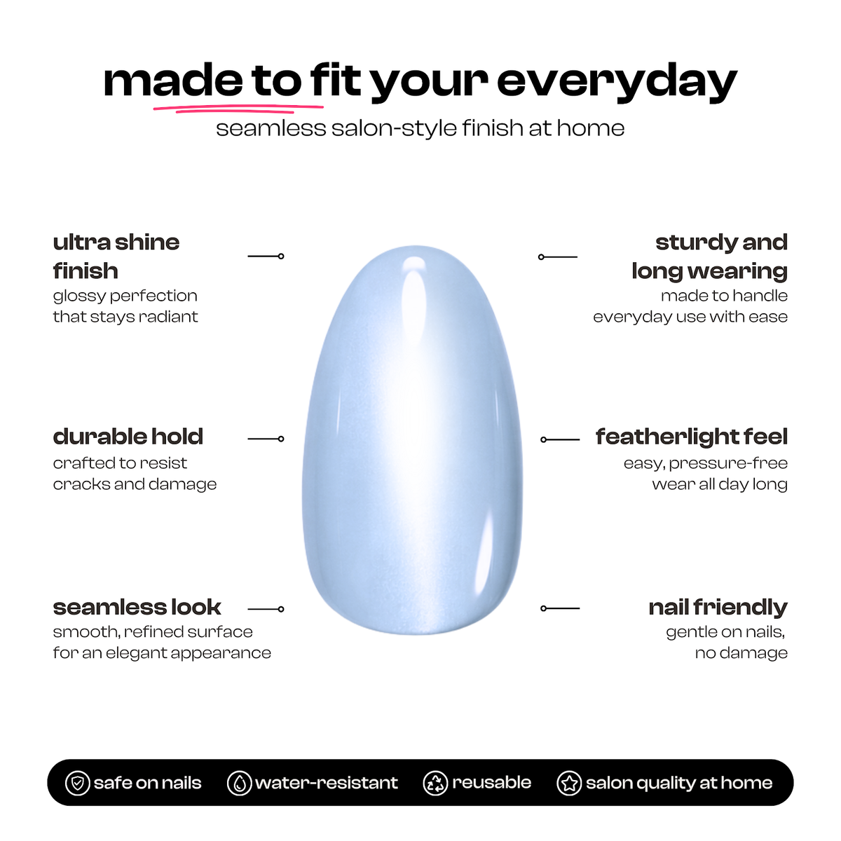 Blue Lagoon | Reusable Press-On Nails | 24 Pcs | Moonstone Cat Eye | Almond Shape | Short