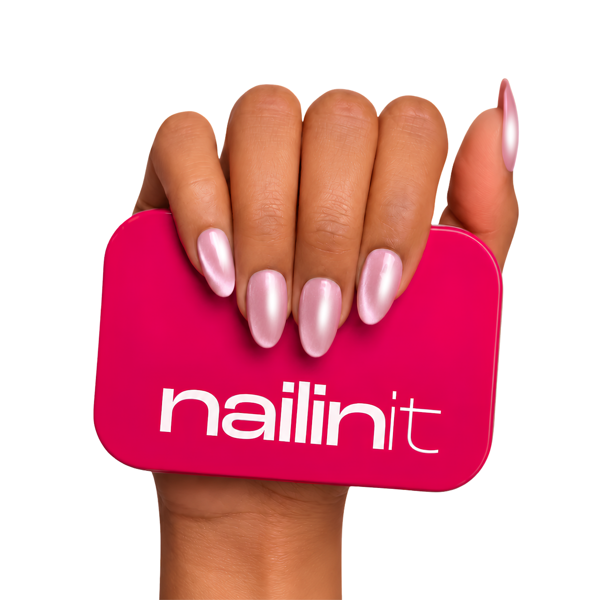 Rose | Reusable Press-On Nails | 24 Pcs | Light Pink Cat Eye | Almond Shape | Short
