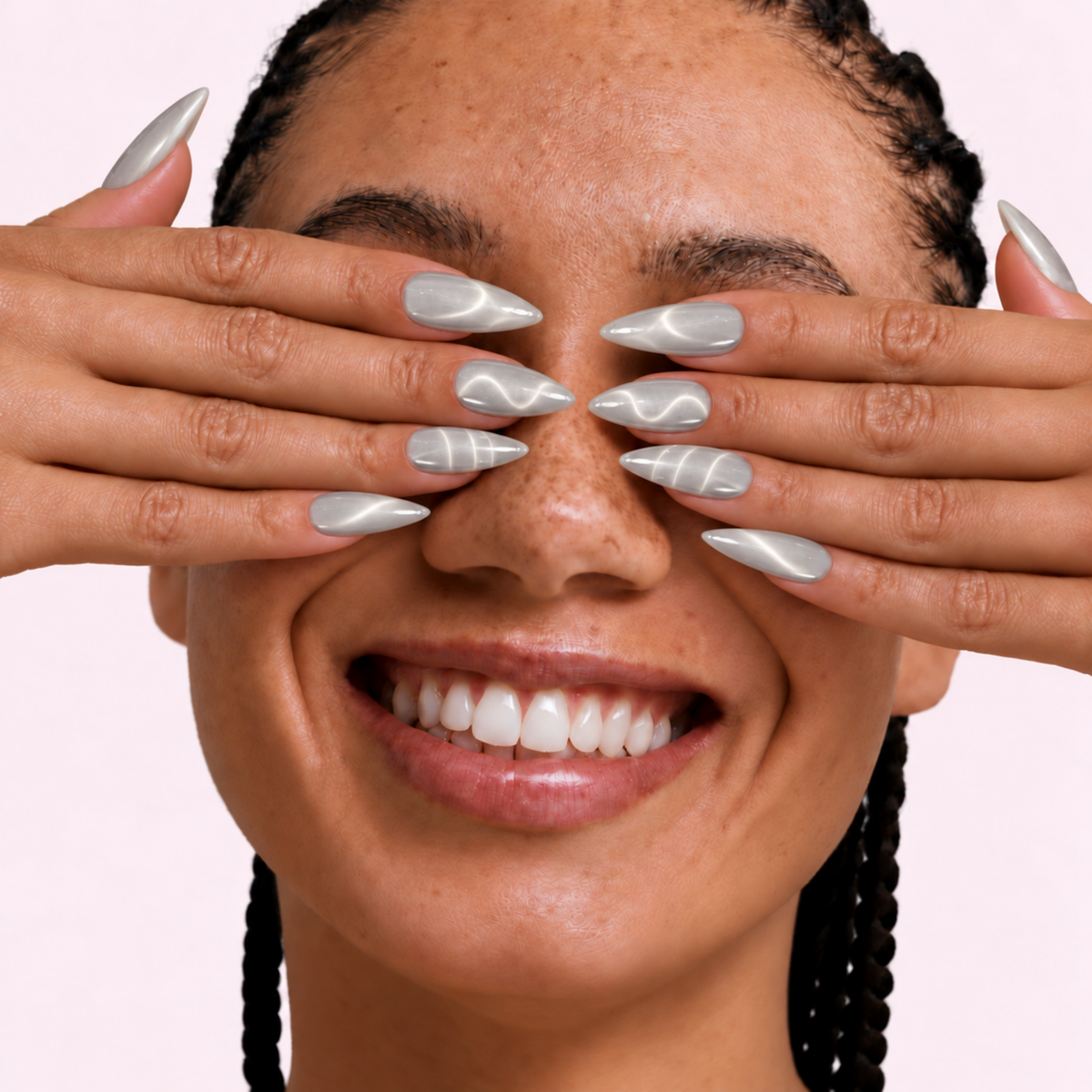 Soft Whip | Reusable Press-On Nails | 24 Pcs | Cool Grey Cat Eye | Almond Shape | Medium