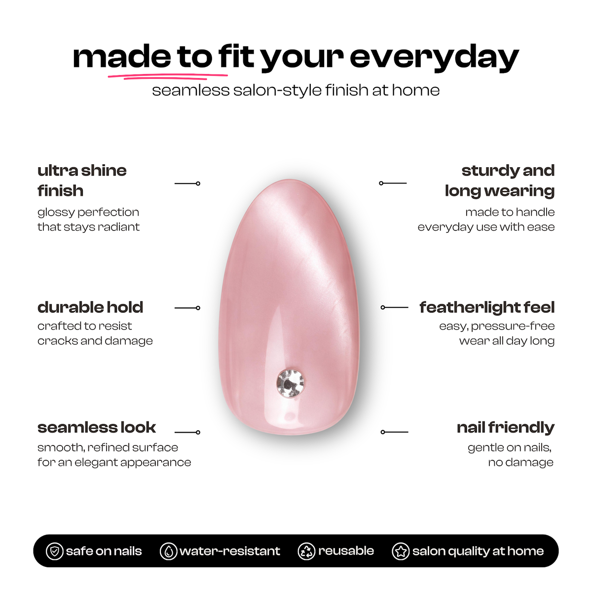 Sugar Doll | Reusable Press-On Nails | 24 Pcs | Baby Pink with Rhinestone | Almond Shape | Medium