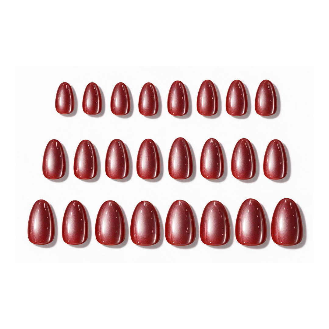 Frosted Cranberry | Reusable Press-On Nails | 24 Pcs | Cranberry Cat Eye | Almond Shape | Short