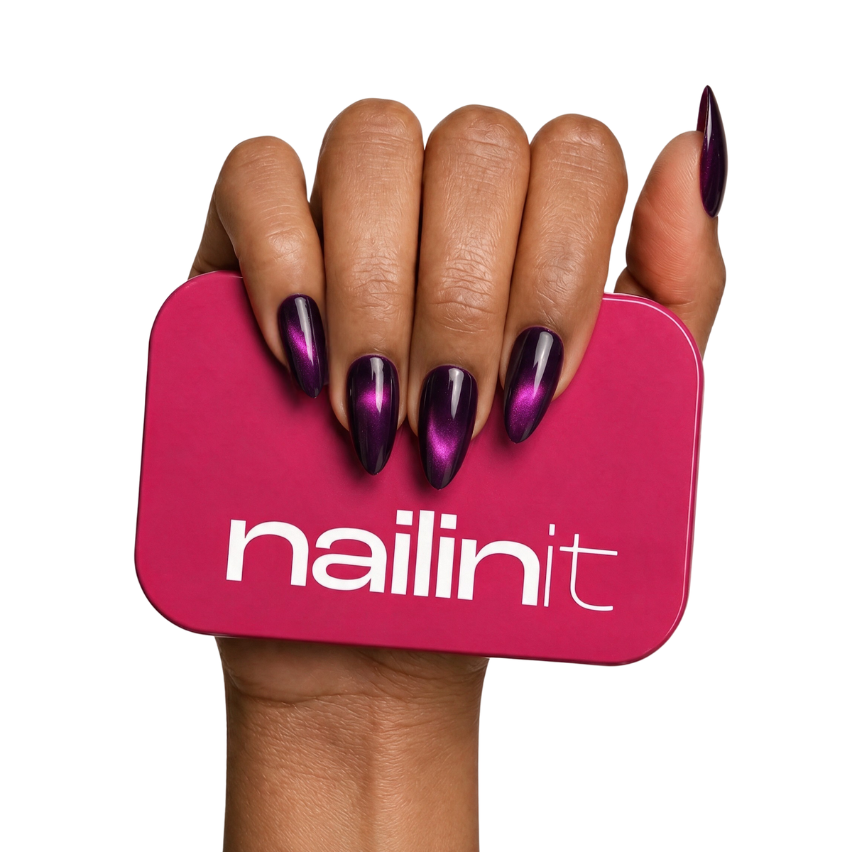 Berry Fizz | Reusable Press-On Nails | 24 Pcs | Deep Plum Cat Eye | Almond Shape | Medium