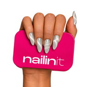 Soft Whip | Reusable Press-On Nails | 24 Pcs | Cool Grey Cat Eye | Almond Shape | Medium