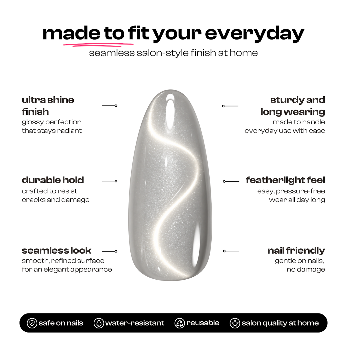 Soft Whip | Reusable Press-On Nails | 24 Pcs | Cool Grey Cat Eye | Almond Shape | Medium