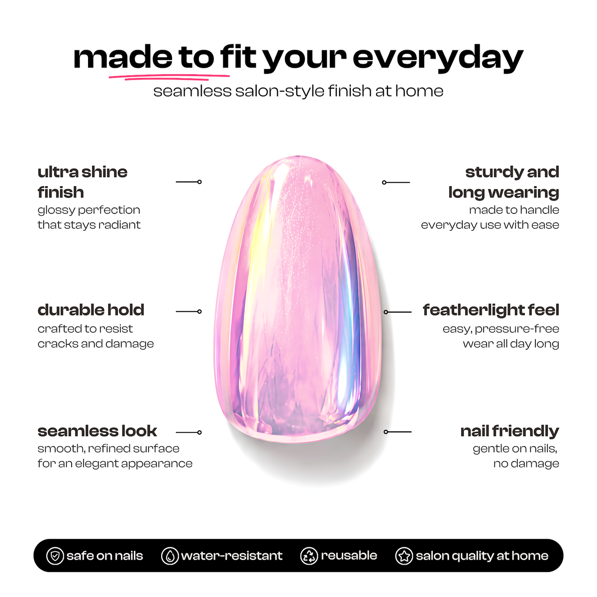 Fairy Dust | Reusable Press-On Nails | 24 Pcs | Holographic Cat Eye | Almond Shape | Short