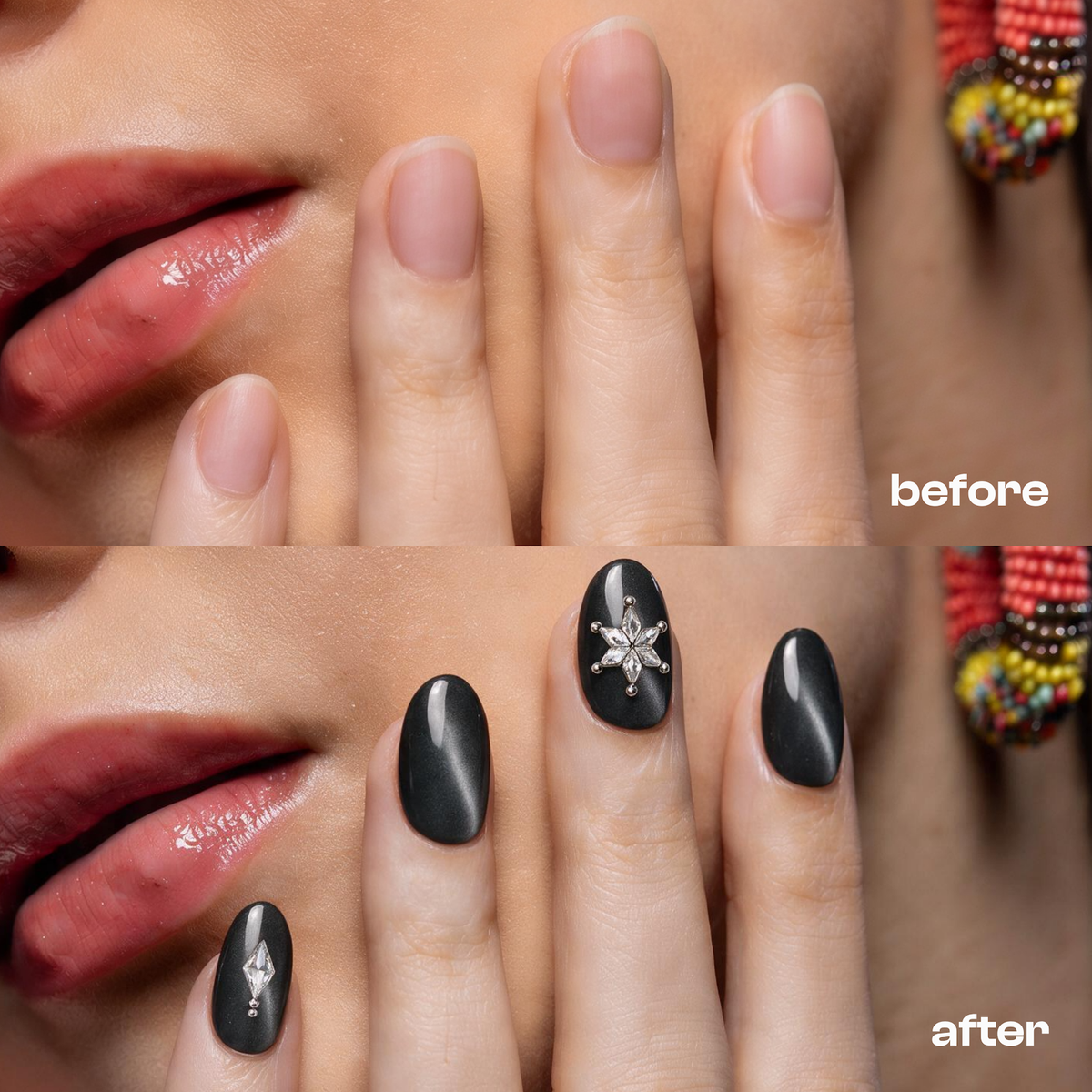 Black Onyx | Reusable Press-On Nails | 24 Pcs | Black with Rhinestone | Oval Shape | Medium