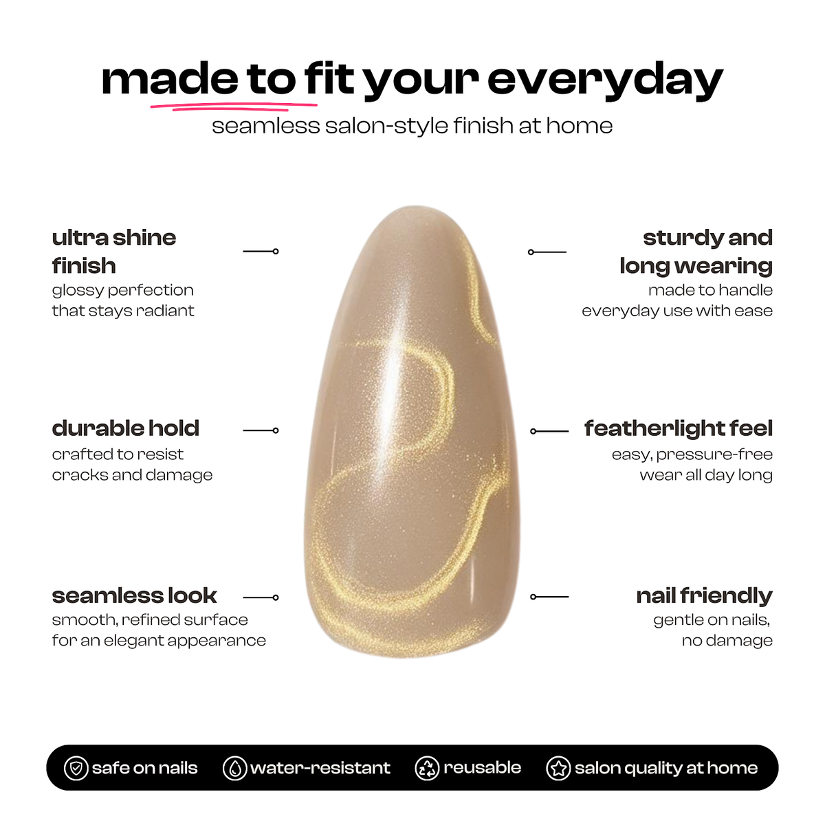 Golden Touch | Reusable Press-On Nails | 24 Pcs | Milky Nude Cat Eye | Almond Shape | Medium