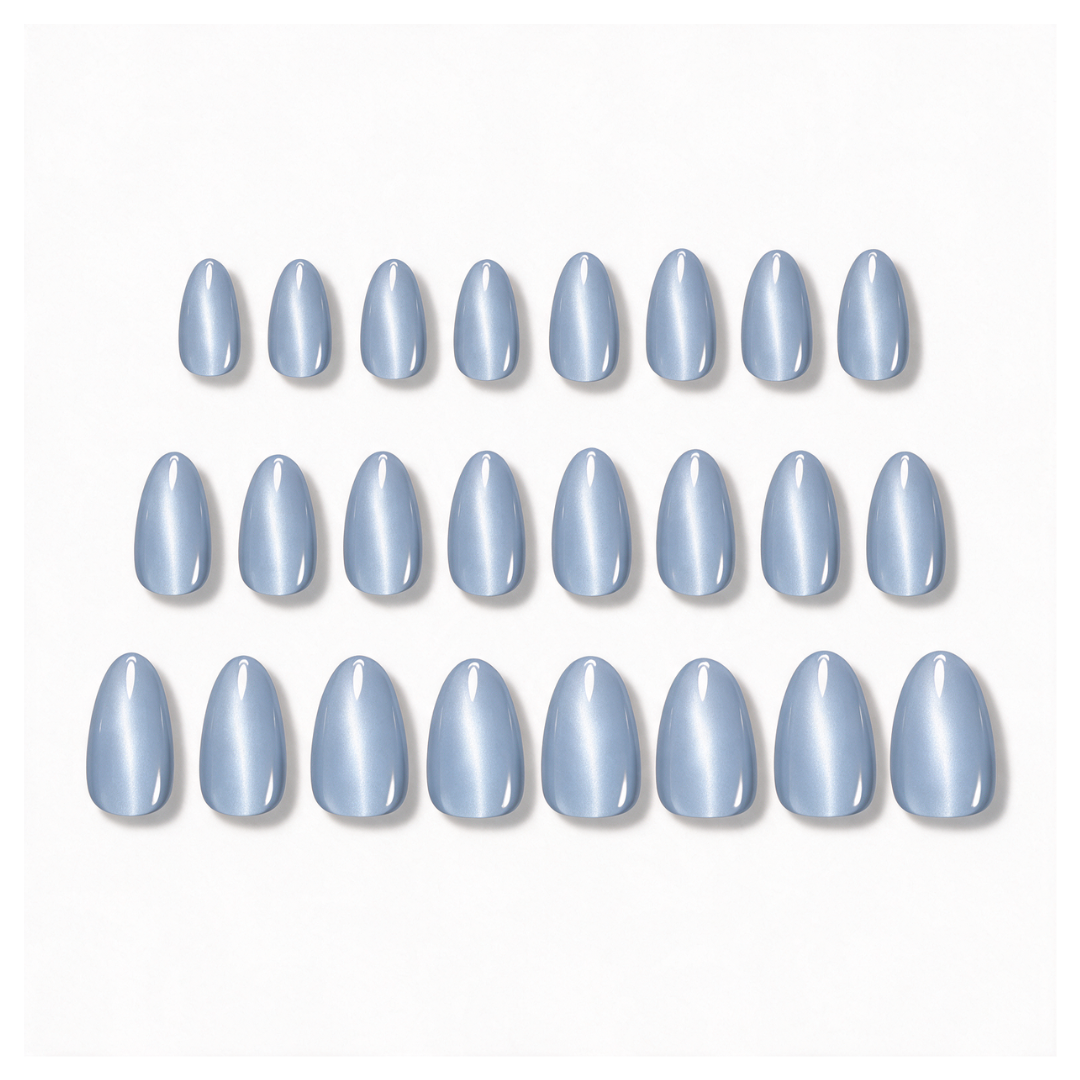 Blue Lagoon | Reusable Press-On Nails | 24 Pcs | Moonstone Cat Eye | Almond Shape | Short