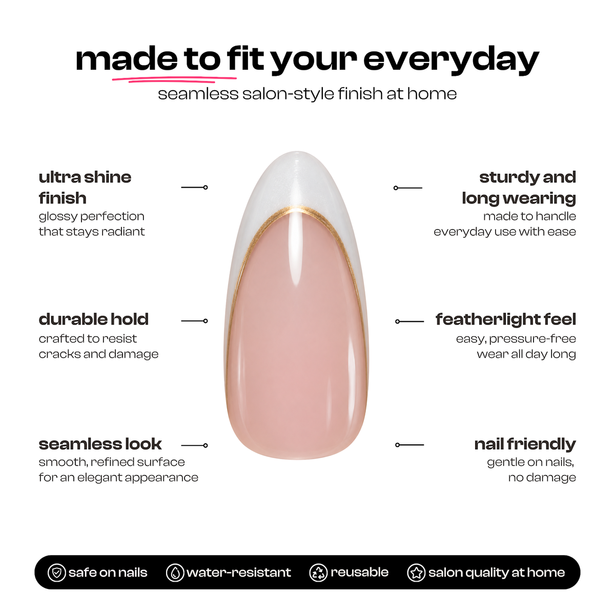 Wonder Woman | Reusable Press-On Nails | 24 Pcs | French with Chrome | Almond Shape | Medium