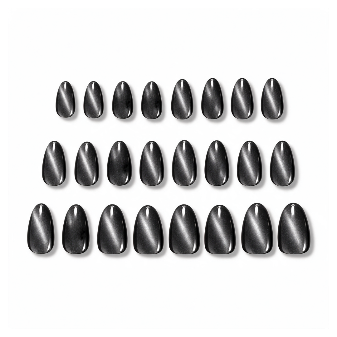 Cruel Intentions | Reusable Press-On Nails | 24 Pcs | Metallic Charcoal Cat Eye | Almond Shape | Short