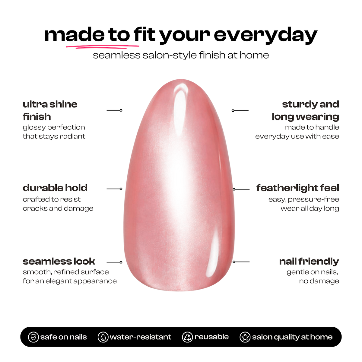 Goal Chaser | Reusable Press-On Nails | 24 Pcs | Nude Pink Cat Eye | Almond Shape | Short