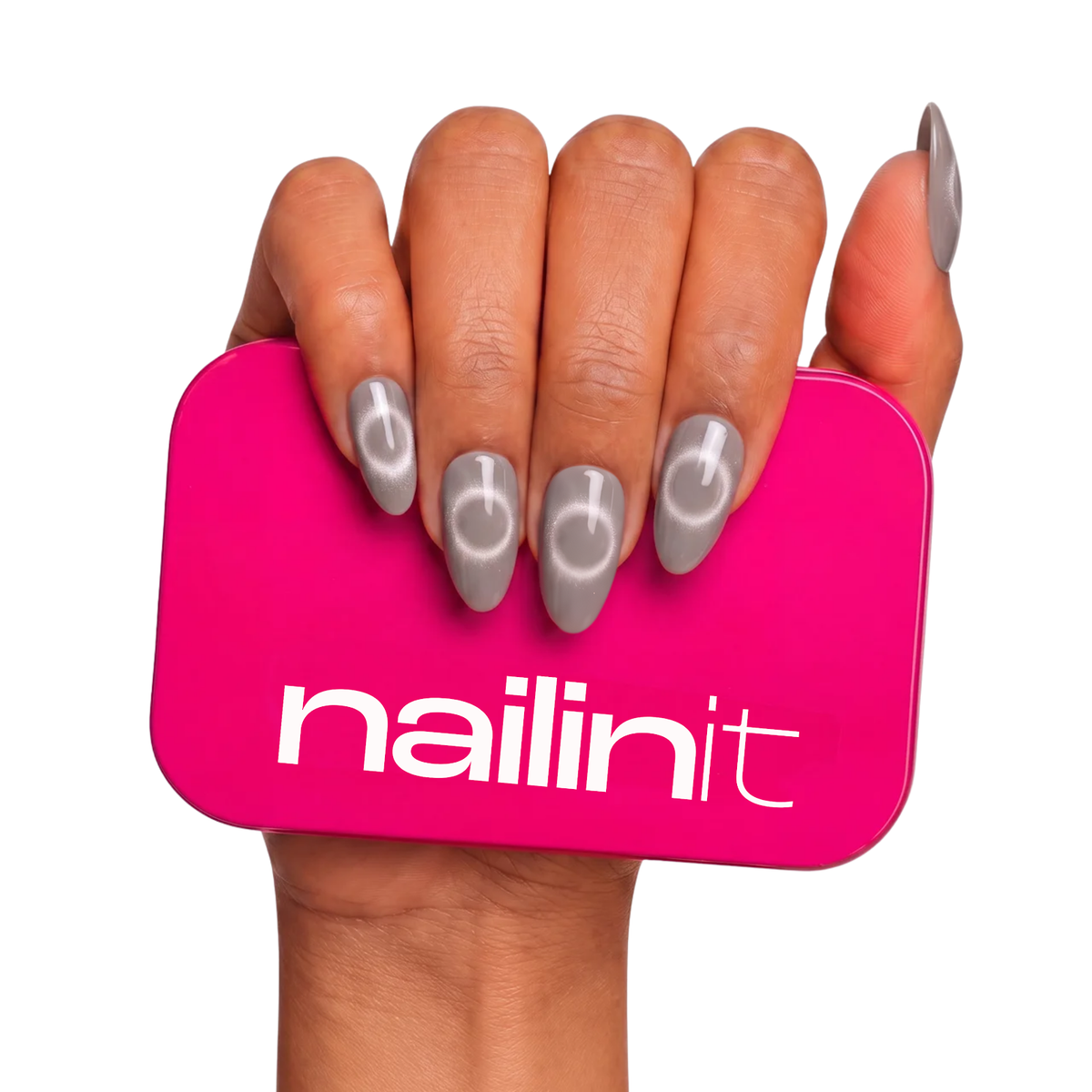 Old Money | Reusable Press-On Nails | 24 Pcs | Stone Grey Cat Eye | Almond Shape | Medium