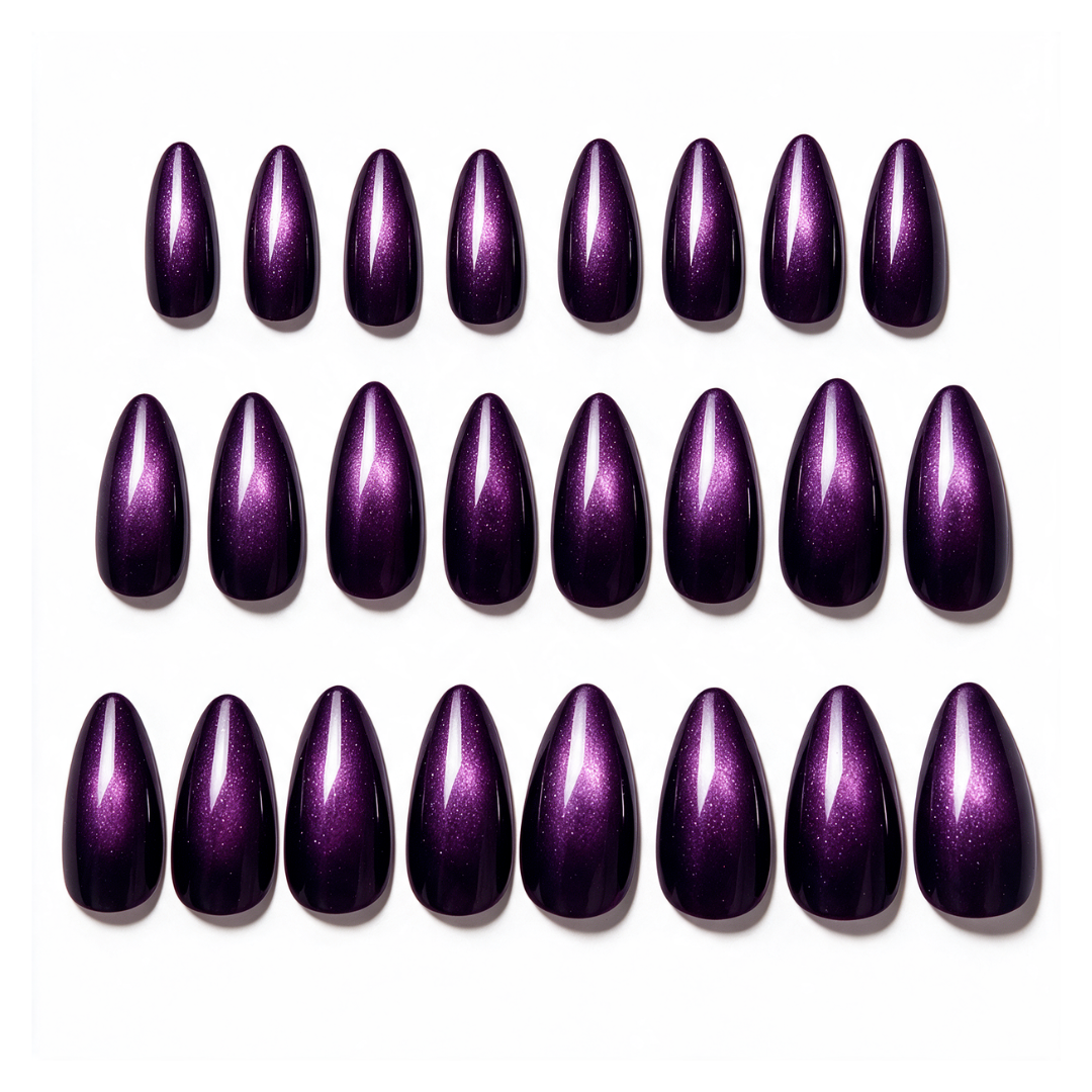 Berry Fizz | Reusable Press-On Nails | 24 Pcs | Deep Plum Cat Eye | Almond Shape | Medium