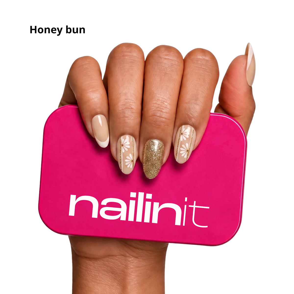 Honey Bun | Reusable Press-On Nails | 24 Pcs | French with Design | Almond Shape | Medium
