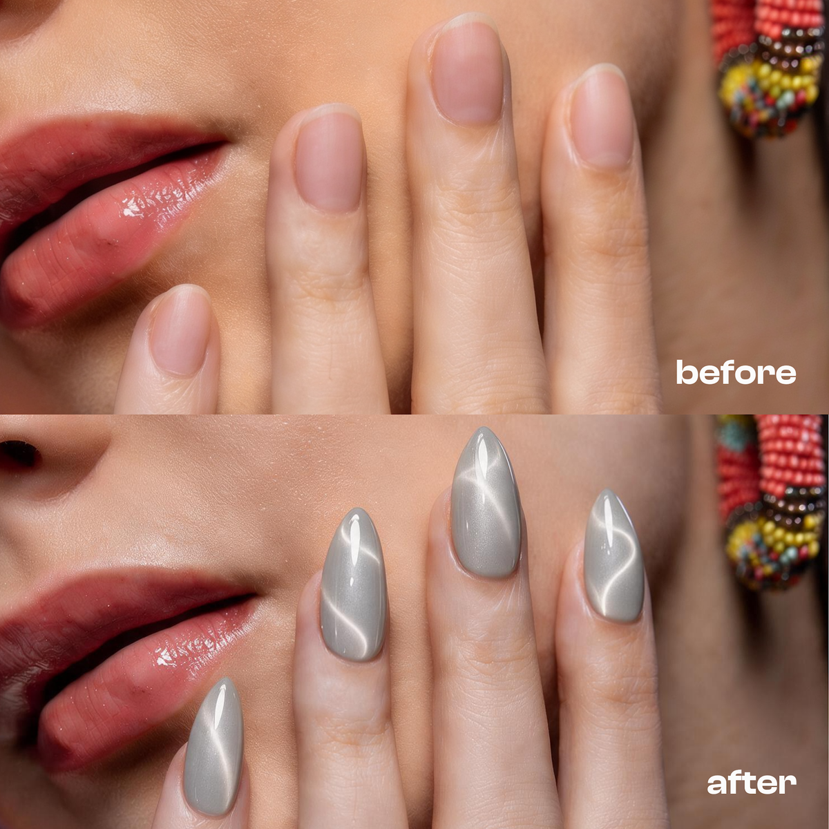 Soft Whip | Reusable Press-On Nails | 24 Pcs | Cool Grey Cat Eye | Almond Shape | Medium