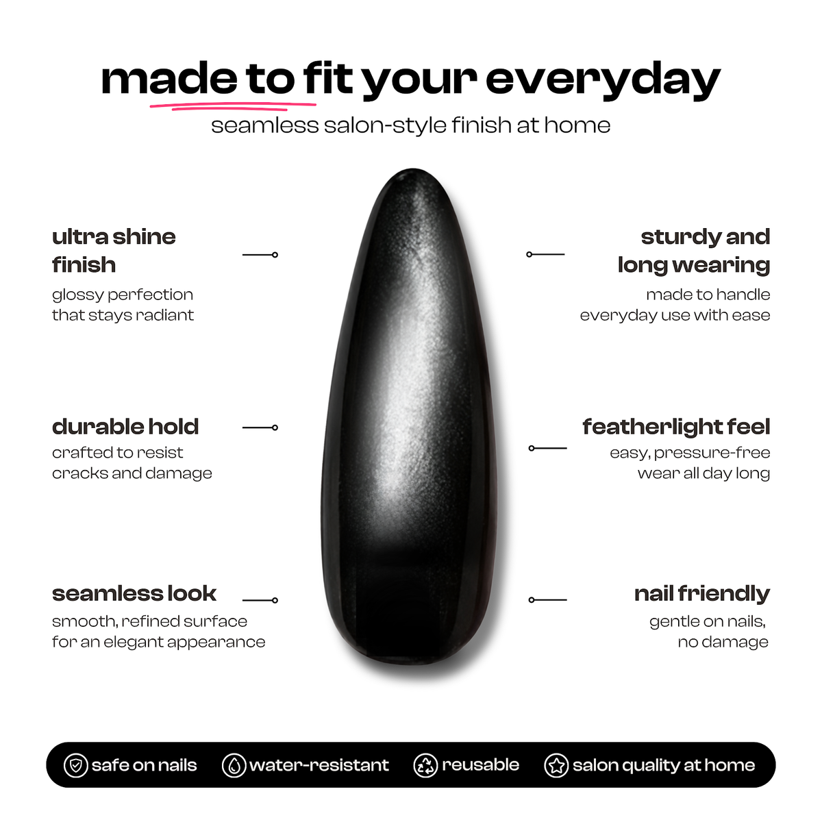 Caviar | Reusable Press-On Nails | 24 Pcs | Black Cat Eye | Almond Shape | Medium