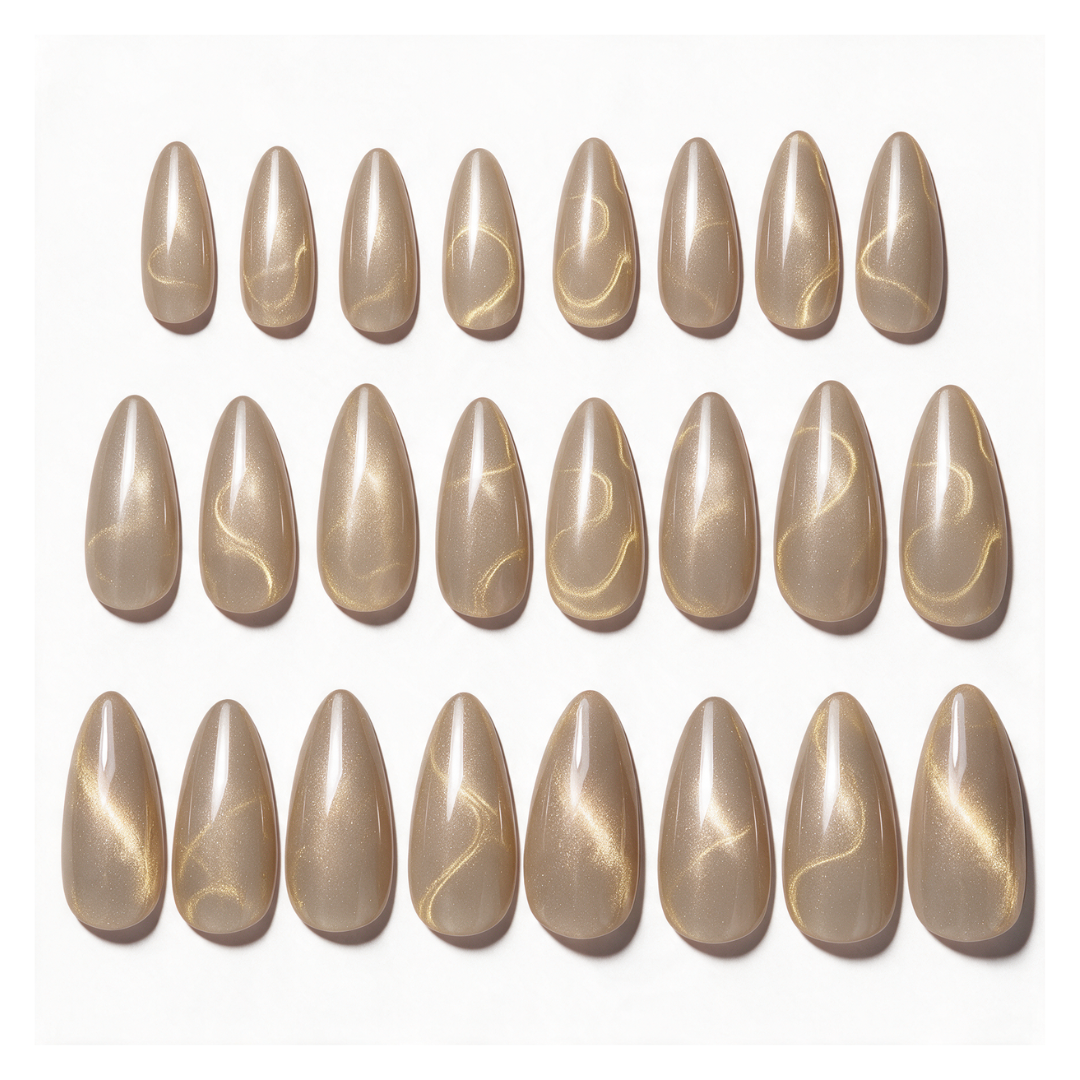 Golden Touch | Reusable Press-On Nails | 24 Pcs | Milky Nude Cat Eye | Almond Shape | Medium