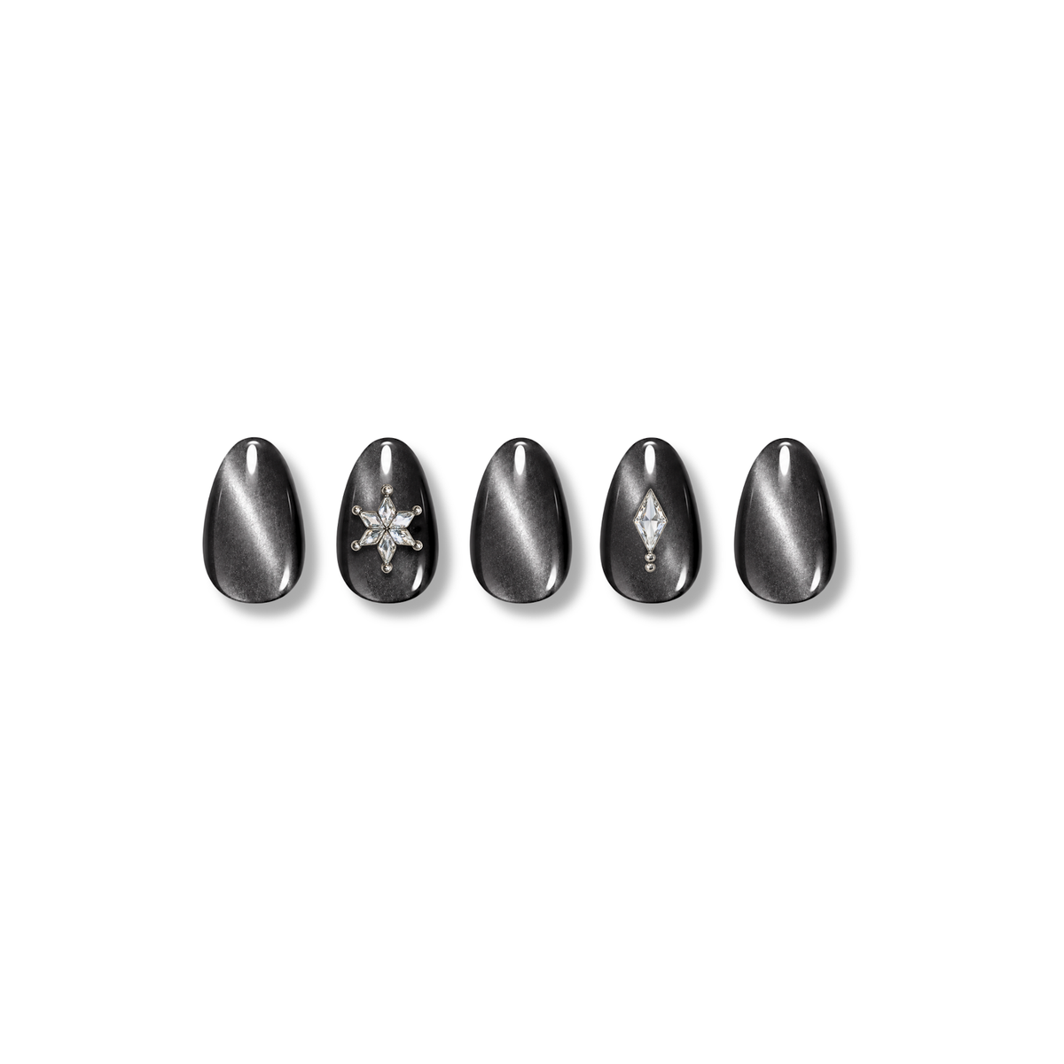Black Onyx | Reusable Press-On Nails | 24 Pcs | Black with Rhinestone | Oval Shape | Medium