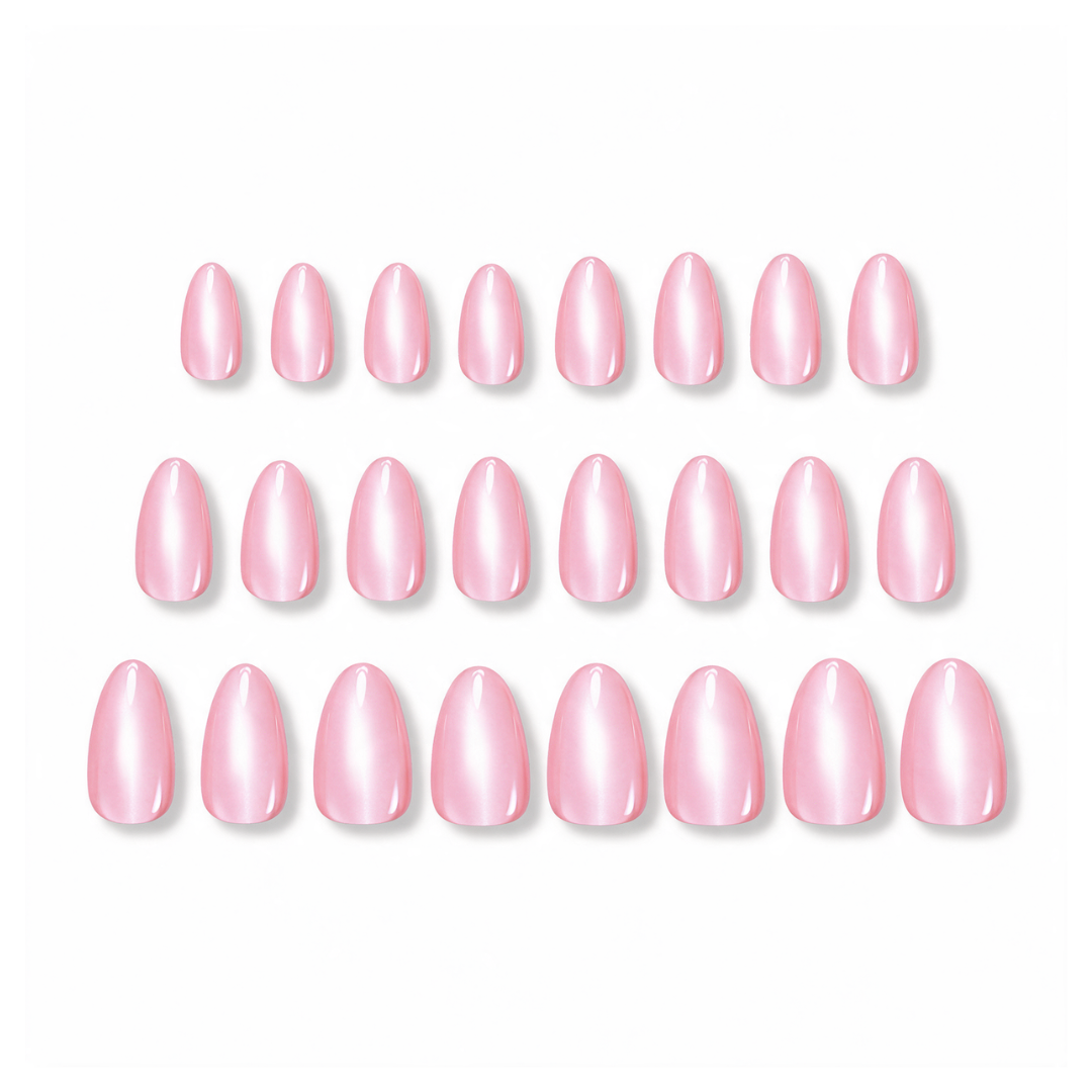 Rose | Reusable Press-On Nails | 24 Pcs | Light Pink Cat Eye | Almond Shape | Short