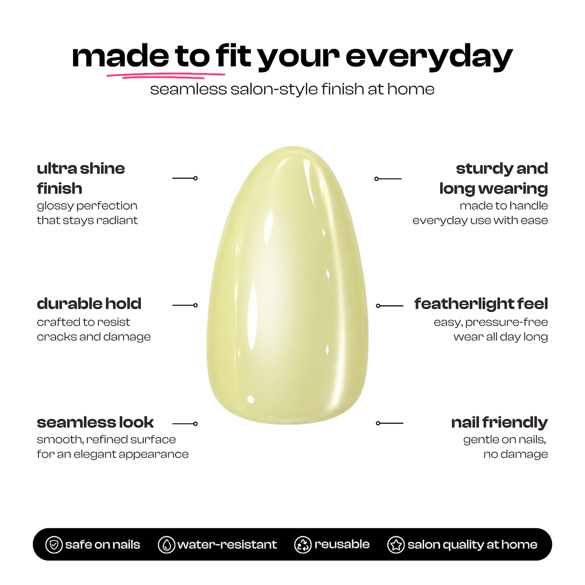 Pookie | Reusable Press-On Nails | 24 Pcs | Lemon Yellow Cat Eye | Almond Shape | Short