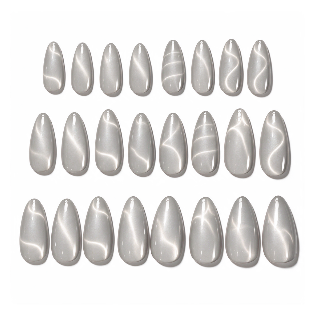 Soft Whip | Reusable Press-On Nails | 24 Pcs | Cool Grey Cat Eye | Almond Shape | Medium