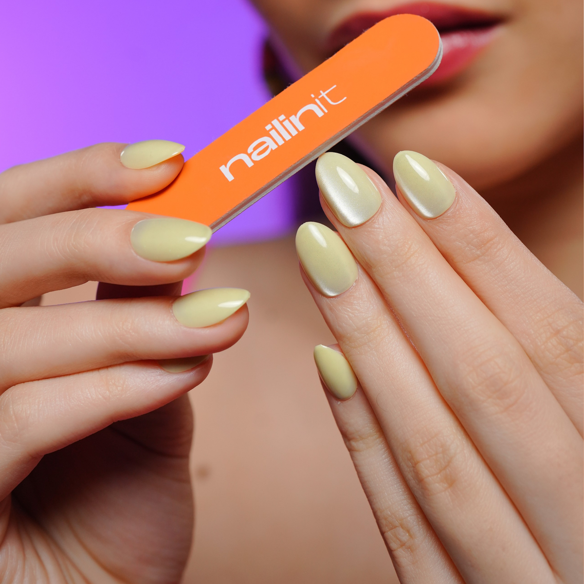 Pookie | Reusable Press-On Nails | 24 Pcs | Lemon Yellow Cat Eye | Almond Shape | Short
