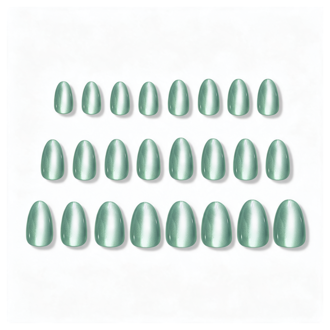 Senorita | Reusable Press-On Nails | 24 Pcs | Sea Green Cat Eye | Almond Shape | Short