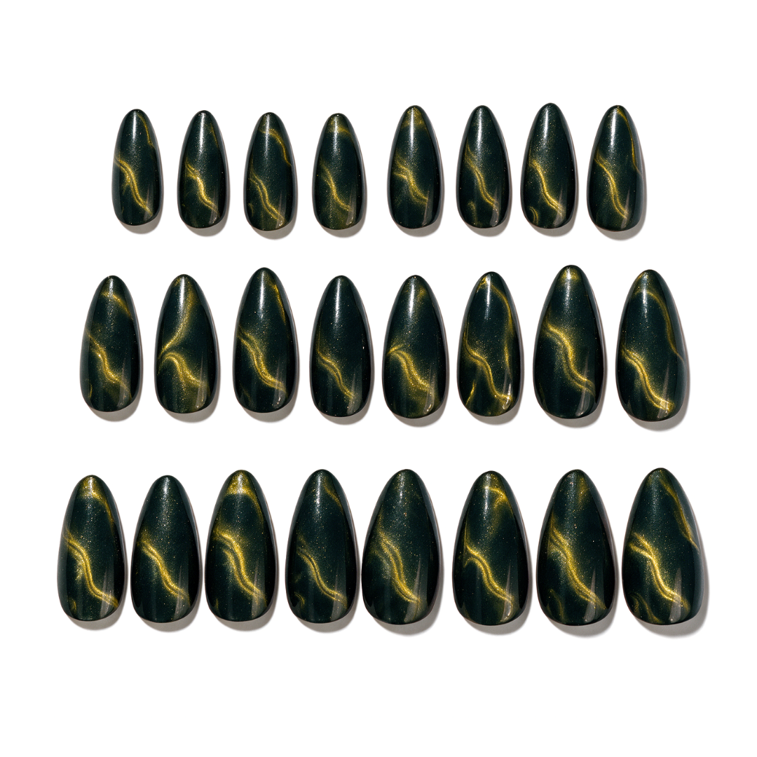 Cutie Pine | Reusable Press-On Nails | 24 Pcs | Emerald Green Cat Eye | Almond Shape | Medium
