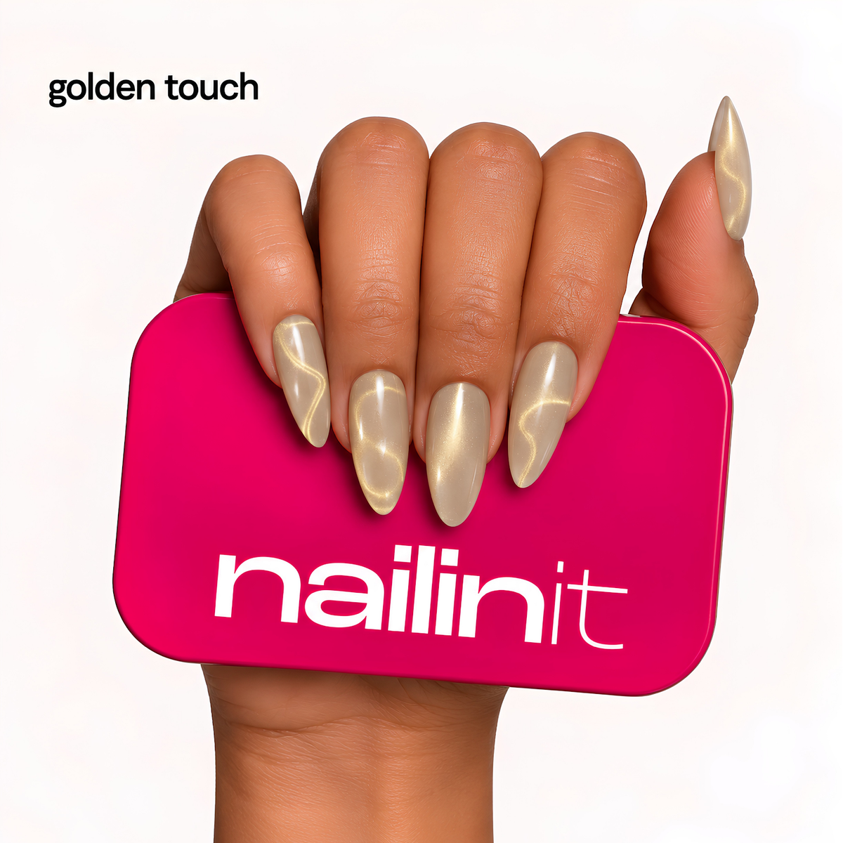 Golden Touch | Reusable Press-On Nails | 24 Pcs | Milky Nude Cat Eye | Almond Shape | Medium