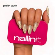 Golden Touch | Reusable Press-On Nails | 24 Pcs | Milky Nude Cat Eye | Almond Shape | Medium