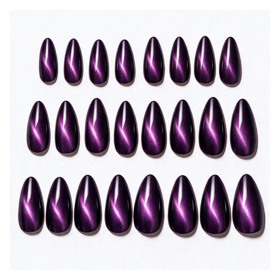 Purple Haze | Reusable Press-On Nails | 24 Pcs | Purple Cat Eye | Almond Shape | Medium