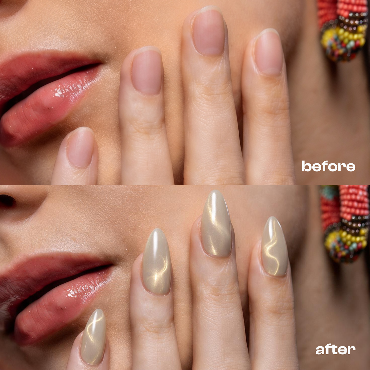 Golden Touch | Reusable Press-On Nails | 24 Pcs | Milky Nude Cat Eye | Almond Shape | Medium