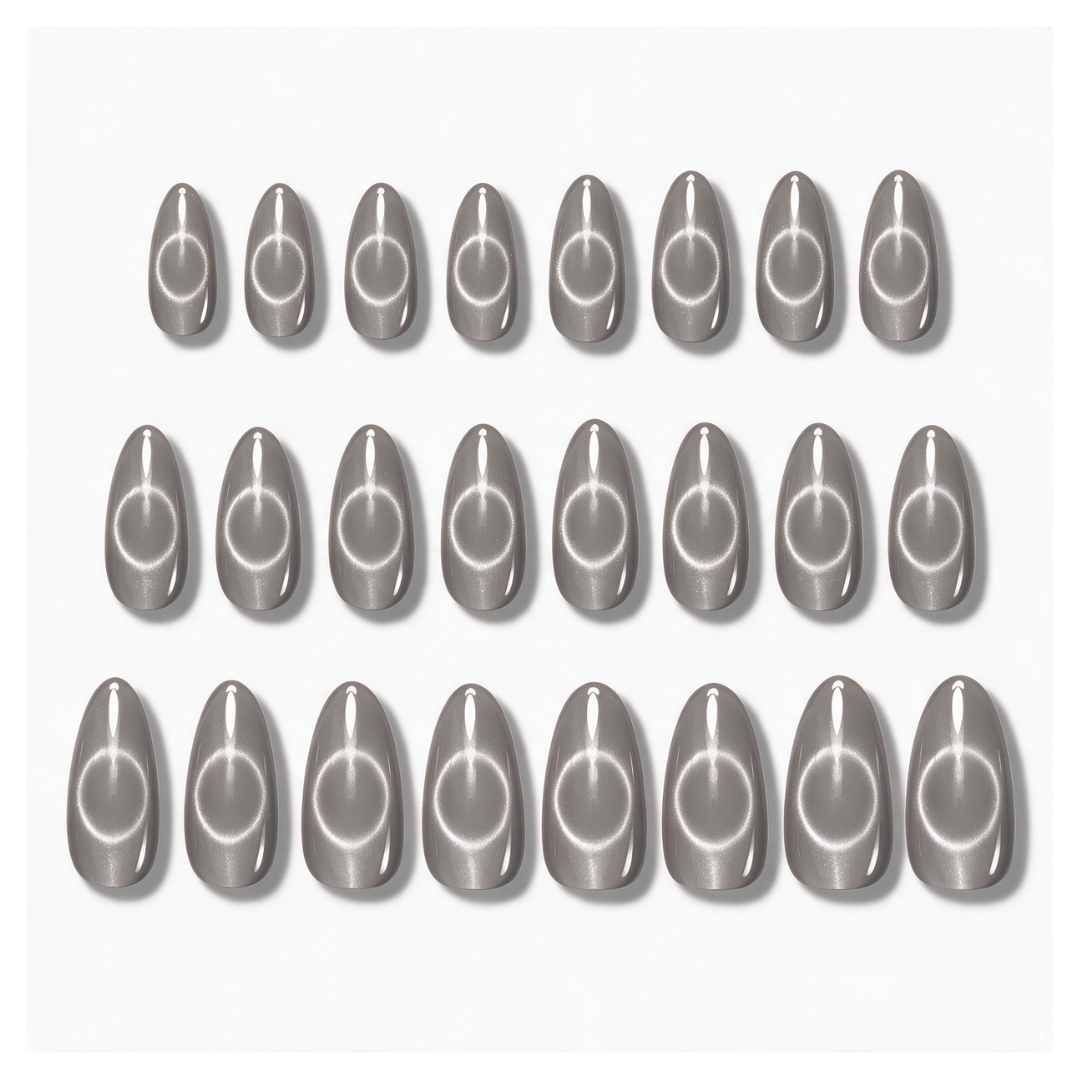 Old Money | Reusable Press-On Nails | 24 Pcs | Stone Grey Cat Eye | Almond Shape | Medium
