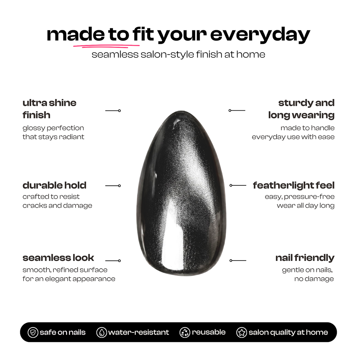 Cruel Intentions | Reusable Press-On Nails | 24 Pcs | Metallic Charcoal Cat Eye | Almond Shape | Short