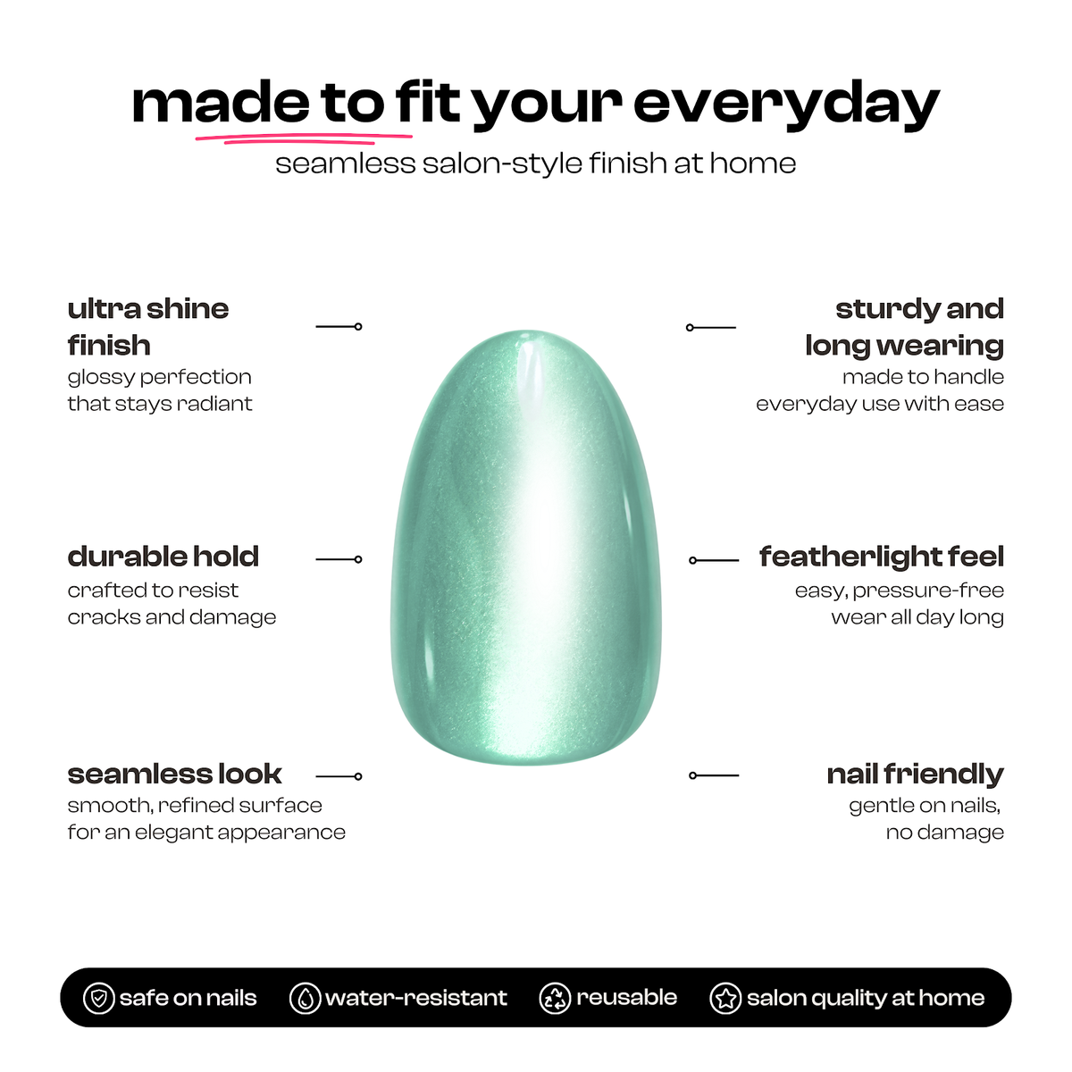 Senorita | Reusable Press-On Nails | 24 Pcs | Sea Green Cat Eye | Almond Shape | Short