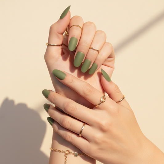 Olive You | Reusable Press-On Nails | 24 pcs | Green | Oval nails | Short