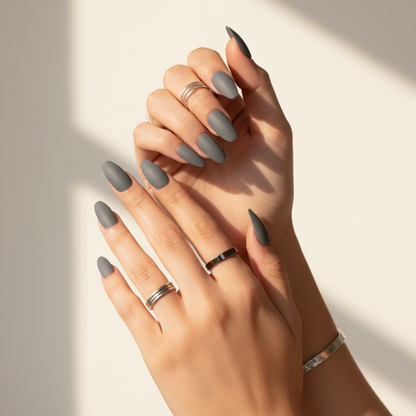 Ash Grey | Reusable Press-On Nails | 24 pcs | Grey | Coffin Shape | Medium