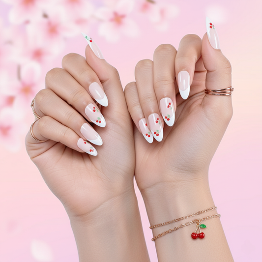 Cherry Crush | Reusable Press-On Nails | 24 pcs | White | Almond Shape | Long