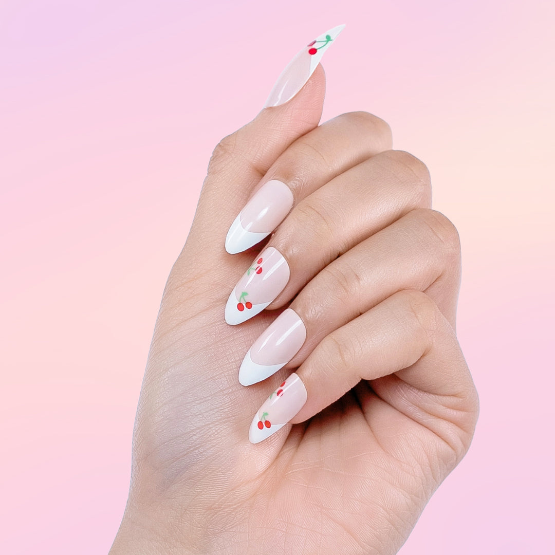 Cherry Crush | Reusable Press-On Nails | 24 pcs | White | Almond Shape | Long