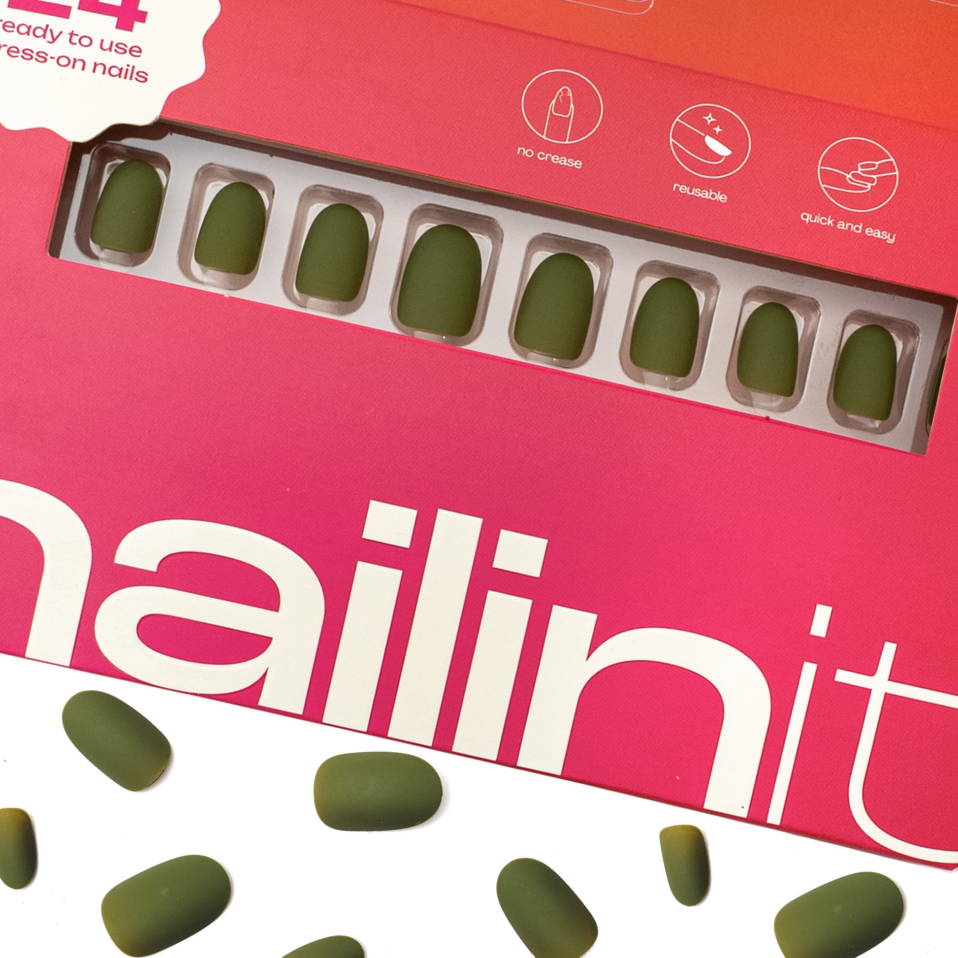 Olive You | Reusable Press-On Nails | 24 pcs | Green | Oval nails | Short - nailinit